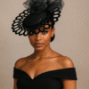 "Vondee" Black Guipure Lace Saucer Hatinator with Acrylic base.