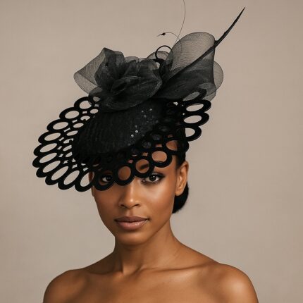"Vondee" Black Guipure Lace Saucer Hatinator with Acrylic base.