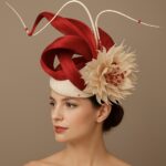 "Chanita" Red Silk Abaca Fascinator with Champagne base.