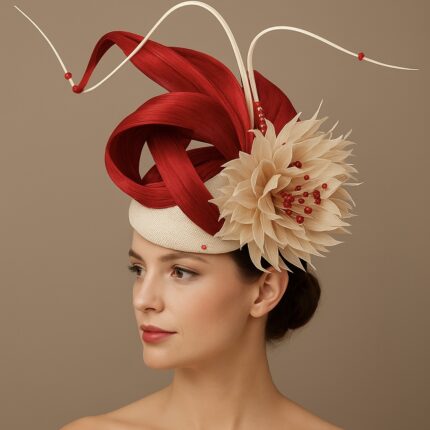 "Chanita" Red Silk Abaca Fascinator with Champagne base.