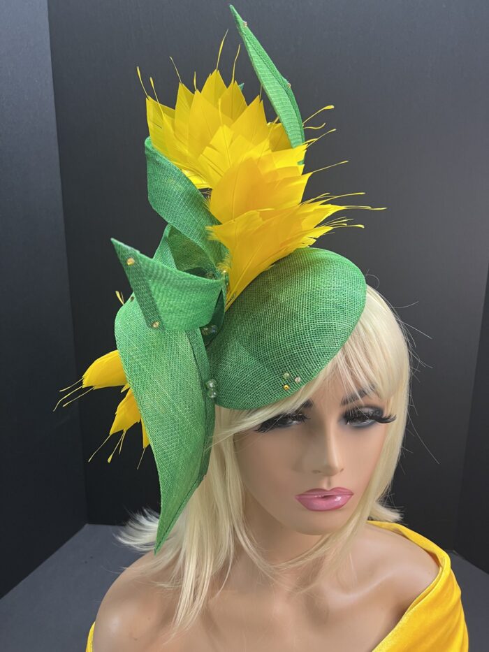 "Annika" Green & Yellow Feathered Fascinator.