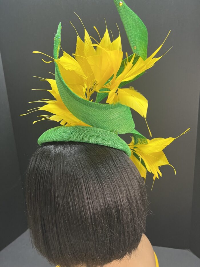 "Annika" Green & Yellow Feathered Fascinator.