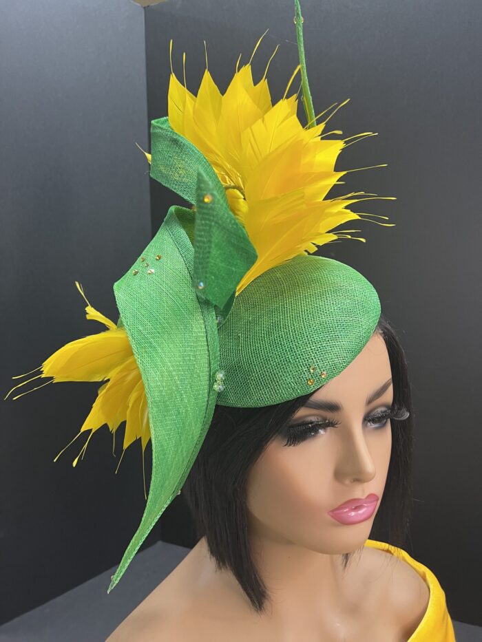 "Annika" Green & Yellow Feathered Fascinator.
