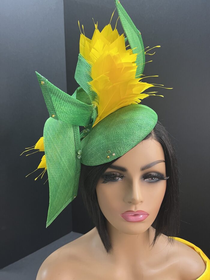 "Annika" Green & Yellow Feathered Fascinator.