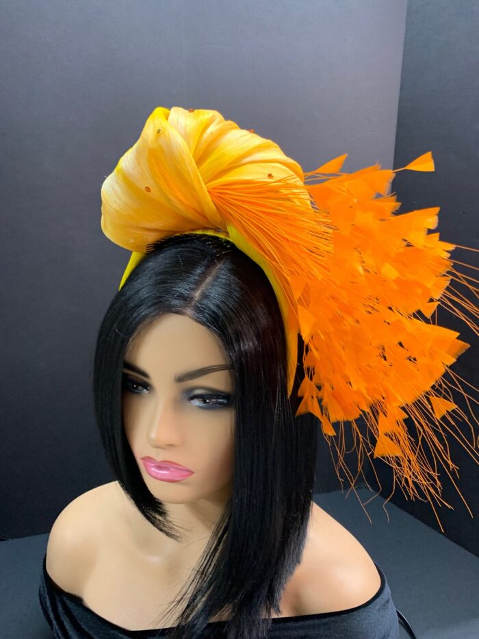 il_fullxfull.3795382767_hckd.jpg Orange Feather Fascinator: Silk Abaca Knot Headband, Derby Hat - Zoranda