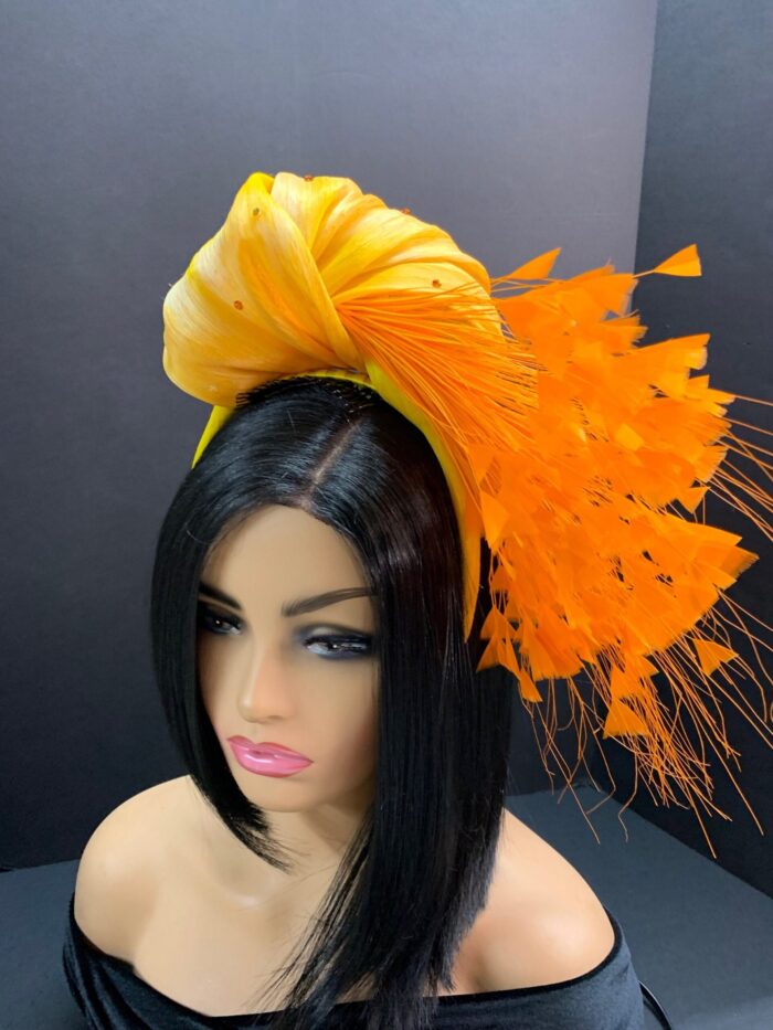 Orange Feather Fascinator: Silk Abaca Knot Headband, Derby Hat - Zoranda