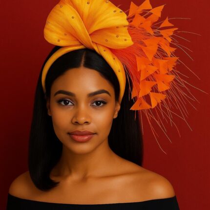 Orange Feather Fascinator: Silk Abaca Knot Headband, Derby Hat - Zoranda
