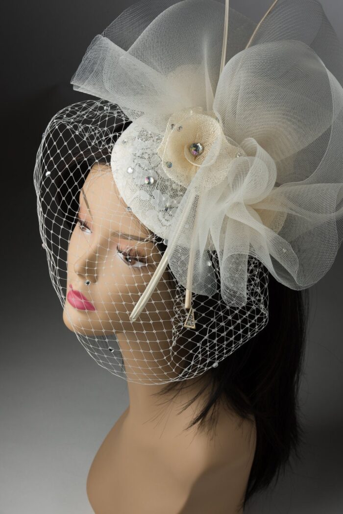 Ivory Bridal Fascinator: Vintage Lace, Pearls & Birdcage Veil - Amaris