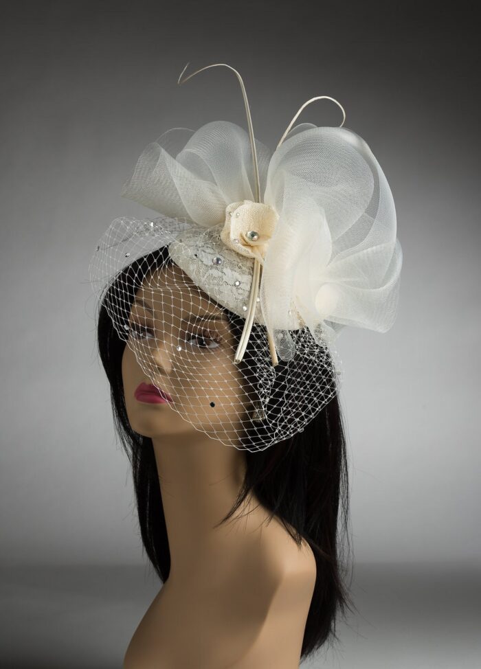 Ivory Bridal Fascinator: Vintage Lace, Pearls & Birdcage Veil - Amaris