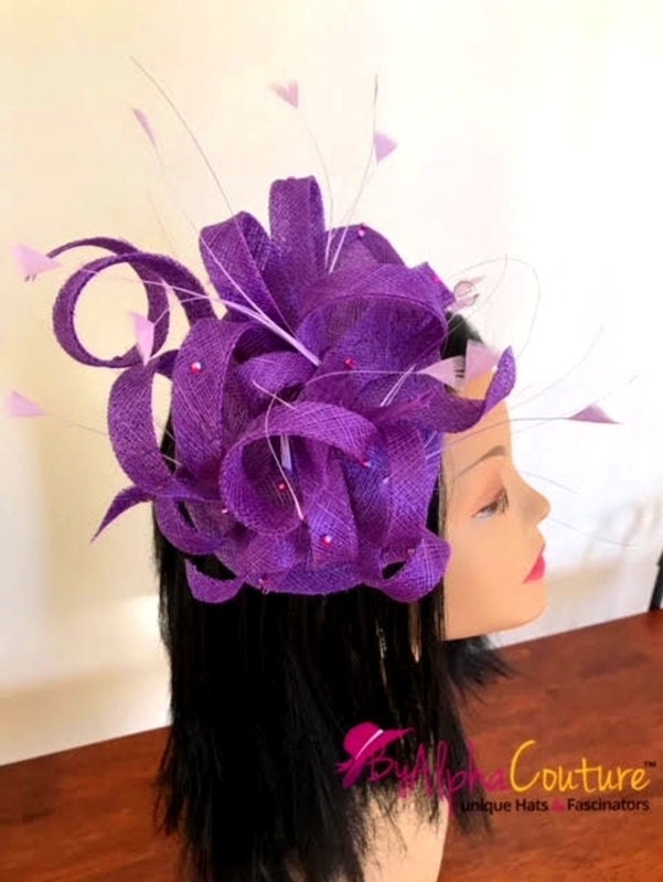 Purple Sinamay Fascinator: Looped Quills & Diamantés - Races, Wedding Headpiece.