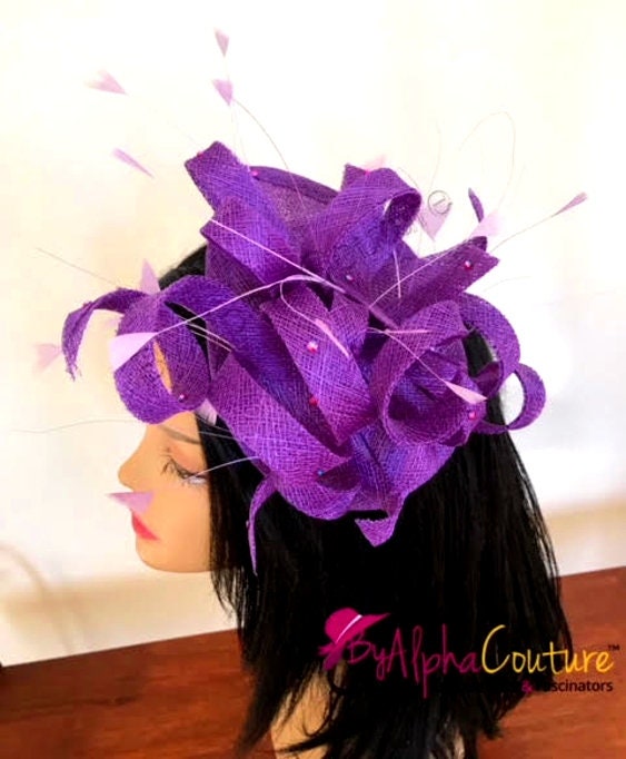 Purple Sinamay Fascinator: Looped Quills & Diamantés - Races, Wedding Headpiece.