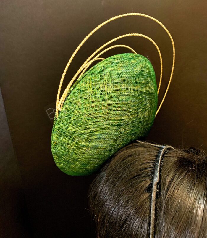Aurora Orbit - Green Sinamay Percher Hat with Gold Wire Accents, Wedding Fascinator