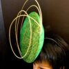 Aurora Orbit - Green Sinamay Percher Hat with Gold Wire Accents, Wedding Fascinator
