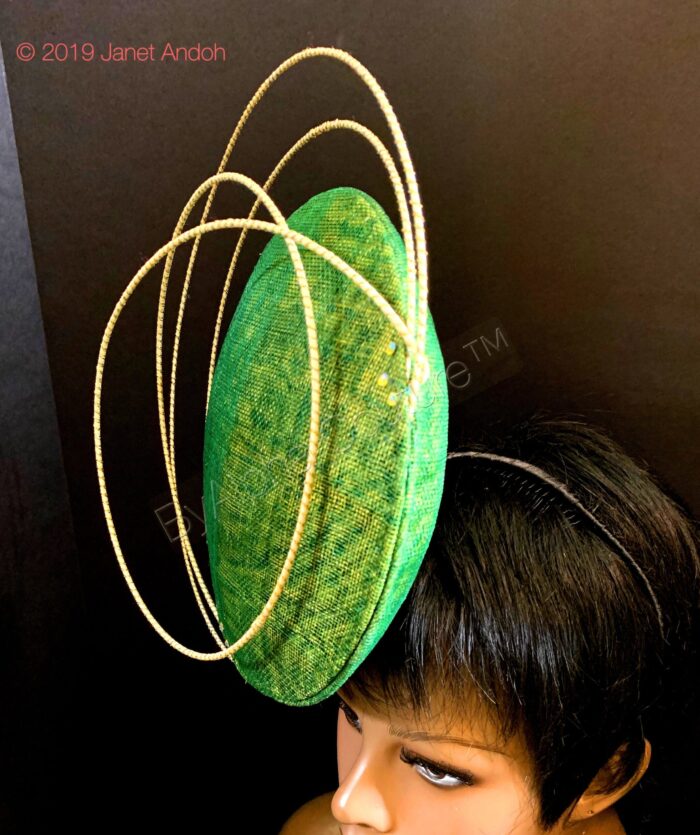Aurora Orbit - Green Sinamay Percher Hat with Gold Wire Accents, Wedding Fascinator