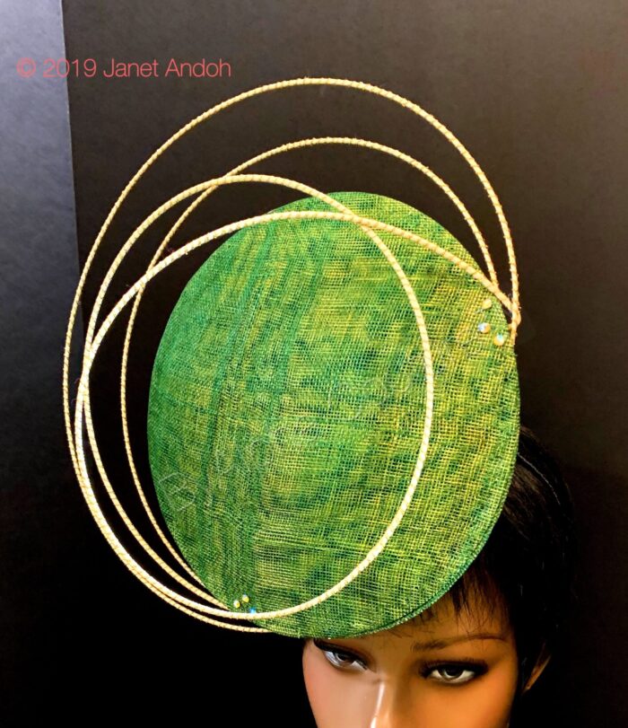 Aurora Orbit - Green Sinamay Percher Hat with Gold Wire Accents, Wedding Fascinator