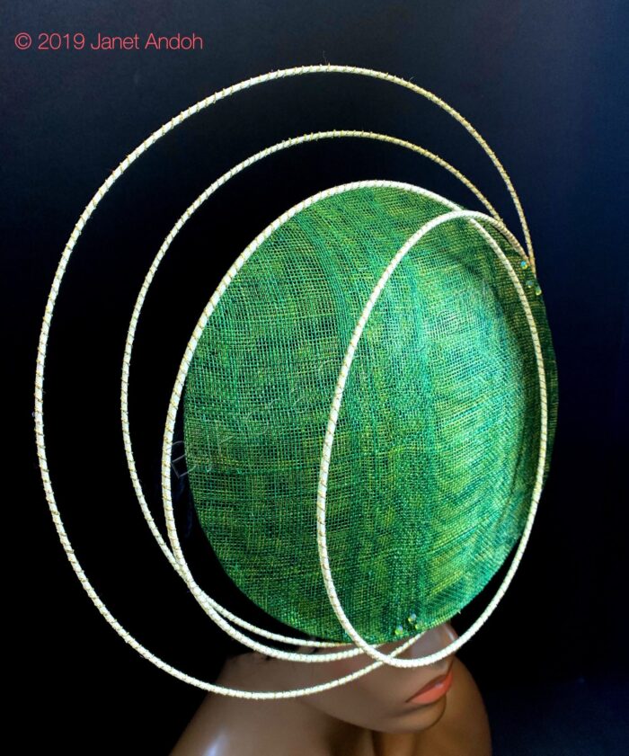 Aurora Orbit - Green Sinamay Percher Hat with Gold Wire Accents, Wedding Fascinator