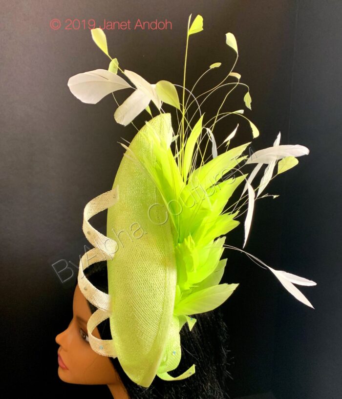 Adinkra Flame Mint. Green Feather Fascinator. Pearl & Crystal Derby Hat