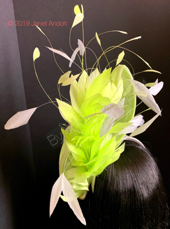 Adinkra Flame Mint. Green Feather Fascinator. Pearl & Crystal Derby Hat