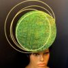 Aurora Orbit - Green Sinamay Percher Hat with Gold Wire Accents, Wedding Fascinator