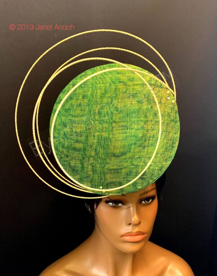 Aurora Orbit - Green Sinamay Percher Hat with Gold Wire Accents, Wedding Fascinator