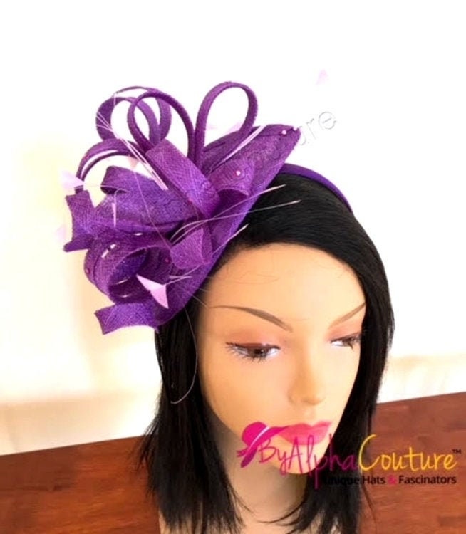 Purple Sinamay Fascinator: Looped Quills & Diamantés - Races, Wedding Headpiece.