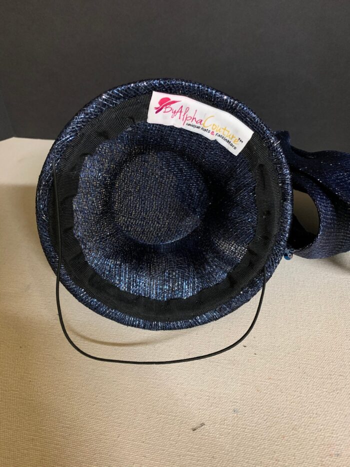Davina - Navy & Silver Sculptural Bow Fascinator. Couture Sinamay Hat.
