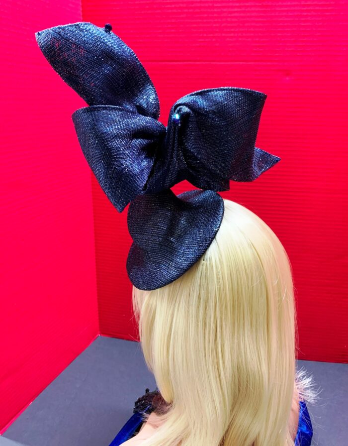 Davina - Navy & Silver Sculptural Bow Fascinator. Couture Sinamay Hat.
