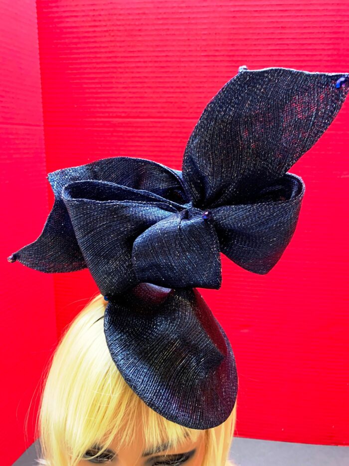 Davina - Navy & Silver Sculptural Bow Fascinator. Couture Sinamay Hat.