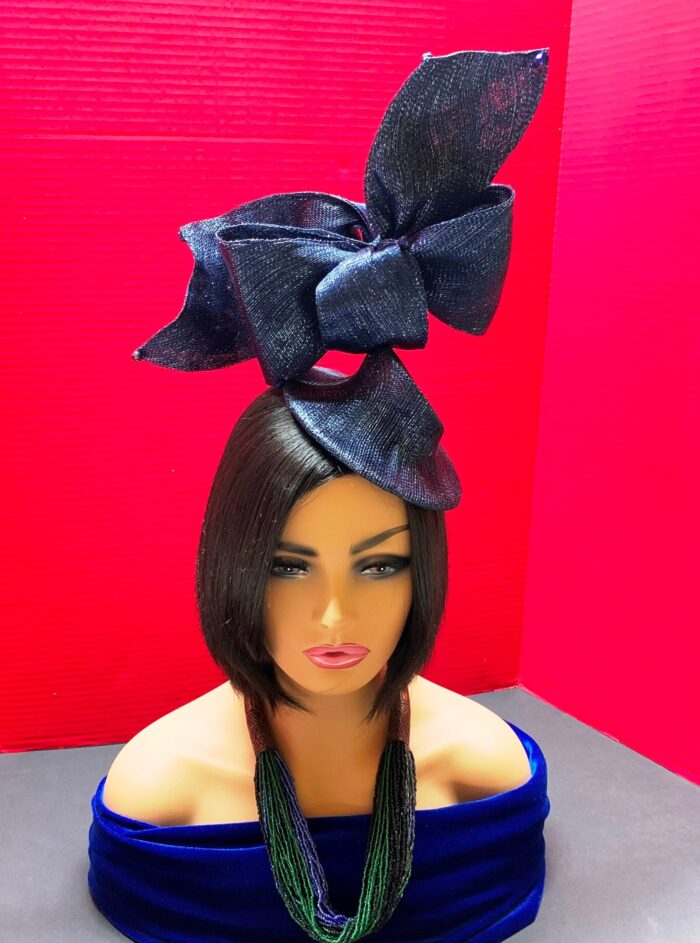 Davina - Navy & Silver Sculptural Bow Fascinator. Couture Sinamay Hat.
