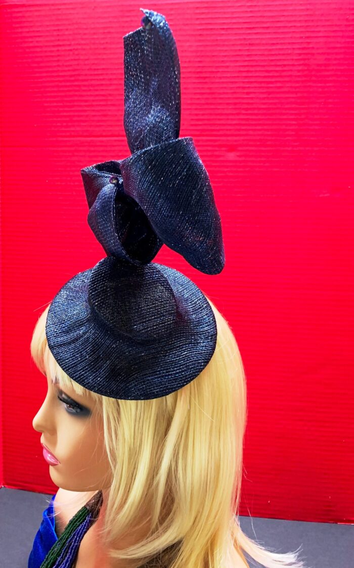 Davina - Navy & Silver Sculptural Bow Fascinator. Couture Sinamay Hat.