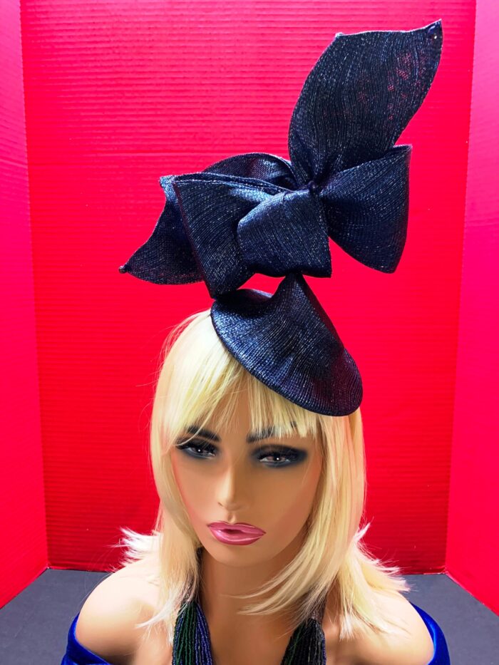 Davina - Navy & Silver Sculptural Bow Fascinator. Couture Sinamay Hat.