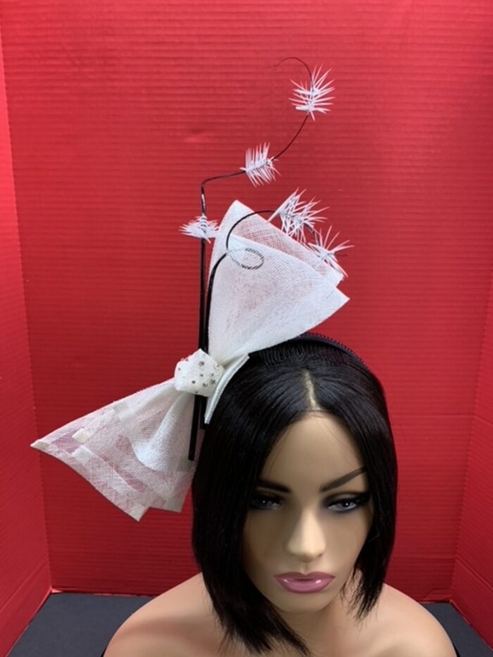 Sandy - White Sinamay Double Bow Fascinator: Black Quills, Modern Derby Headpiece.