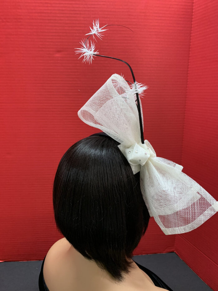 Sandy - White Sinamay Double Bow Fascinator: Black Quills, Modern Derby Headpiece.