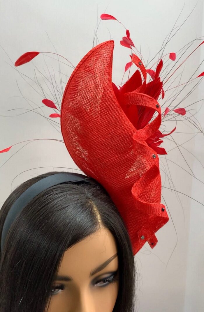 Adinkra Flame Red Sculpted Fascinator: Feathered Statement Hat for Weddings
