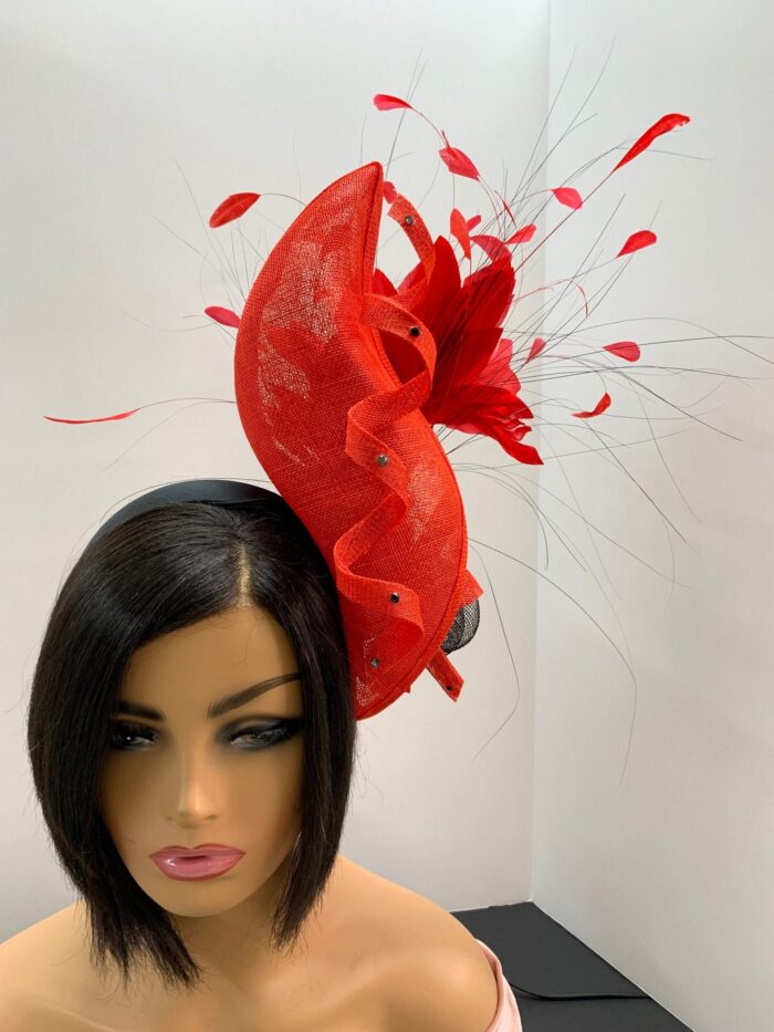 Adinkra Flame Red Sculpted Fascinator: Feathered Statement Hat for Weddings