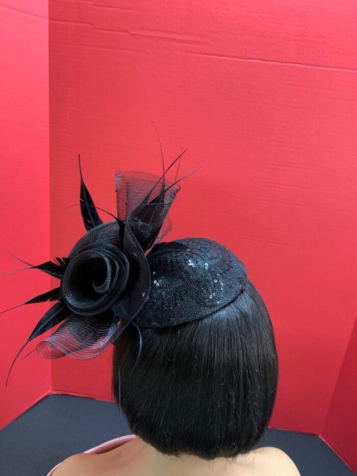 Noire Envy - Black Guipure Lace Fascinator: Sequined Feather Wedding Hat