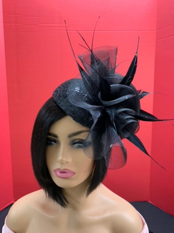 Noire Envy - Black Guipure Lace Fascinator: Sequined Feather Wedding Hat