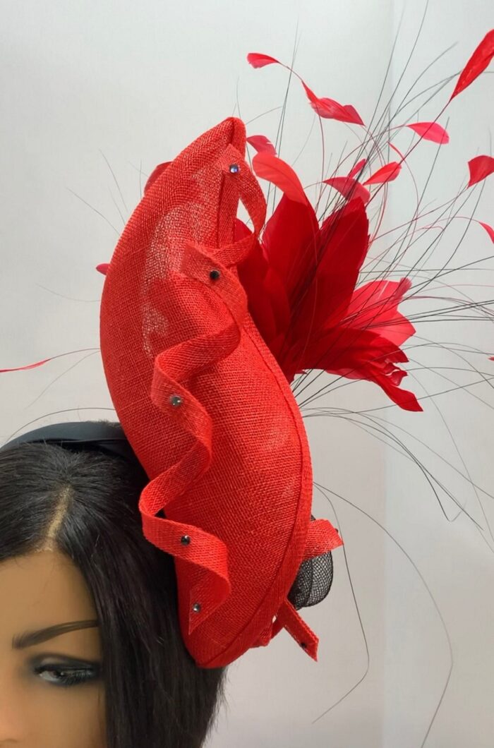 Adinkra Flame Red Sculpted Fascinator: Feathered Statement Hat for Weddings