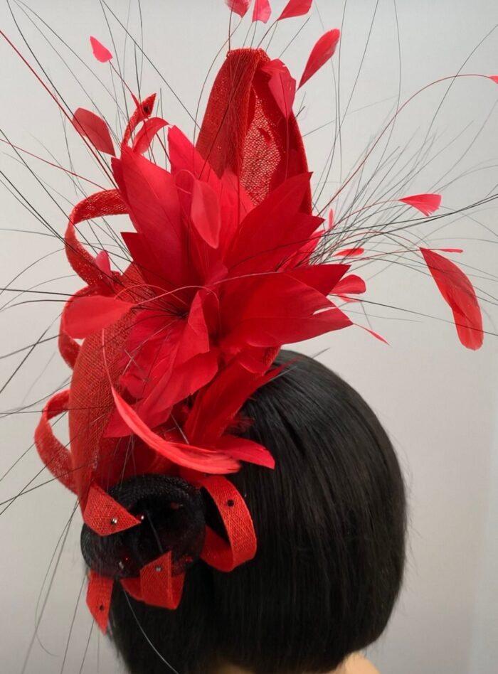 Adinkra Flame Red Sculpted Fascinator: Feathered Statement Hat for Weddings