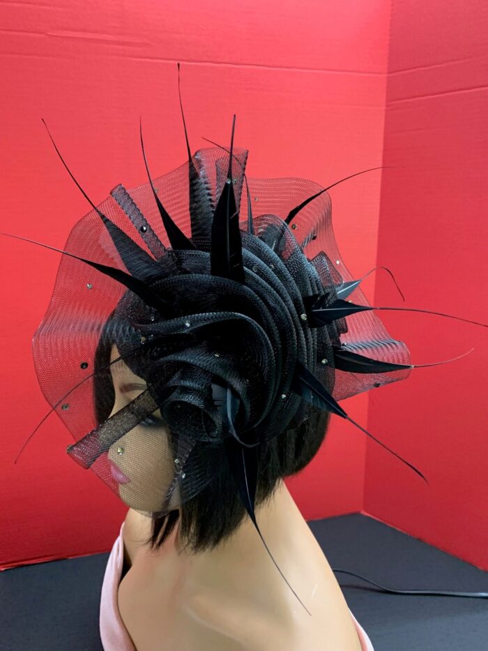 Noire Envy - Black Guipure Lace Fascinator: Sequined Feather Wedding Hat