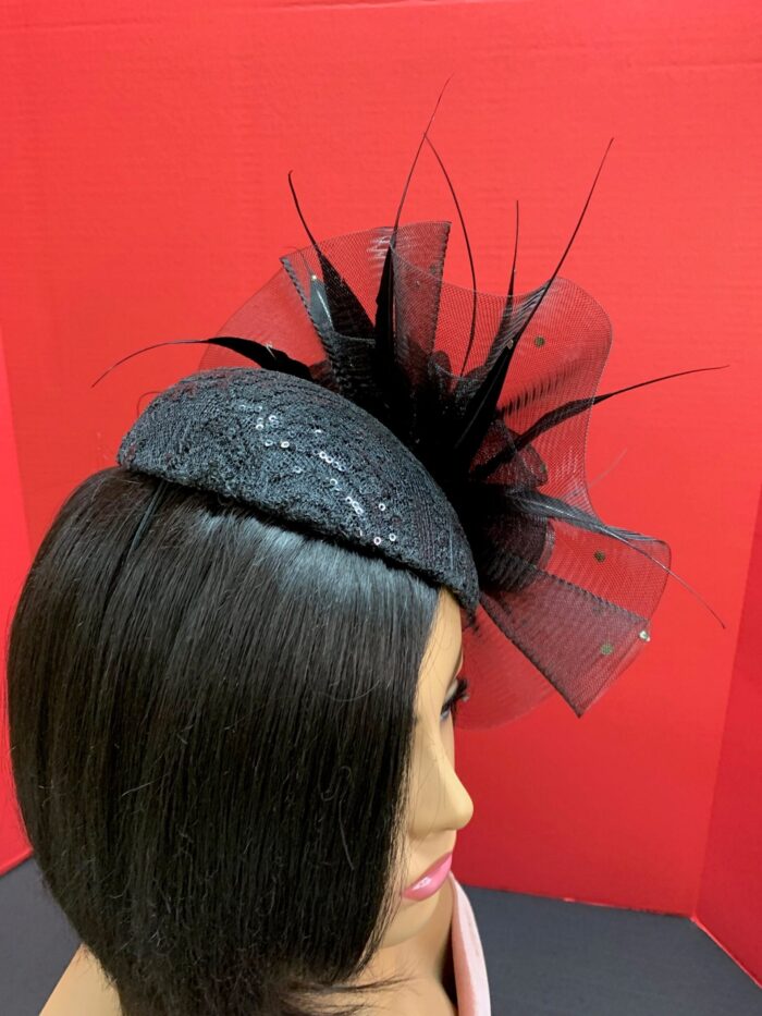 Noire Envy - Black Guipure Lace Fascinator: Sequined Feather Wedding Hat