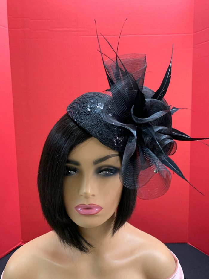 Noire Envy - Black Guipure Lace Fascinator: Sequined Feather Wedding Hat