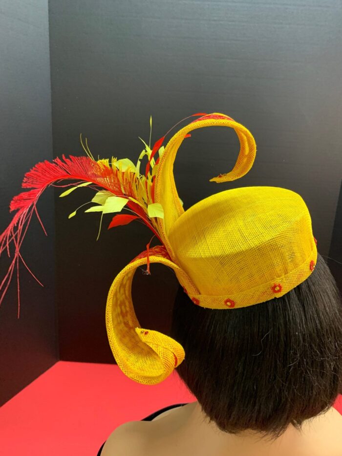 Ayanda - Yellow & Red Pillbox Hat: Kentucky Derby Royal Ascot Fascinator