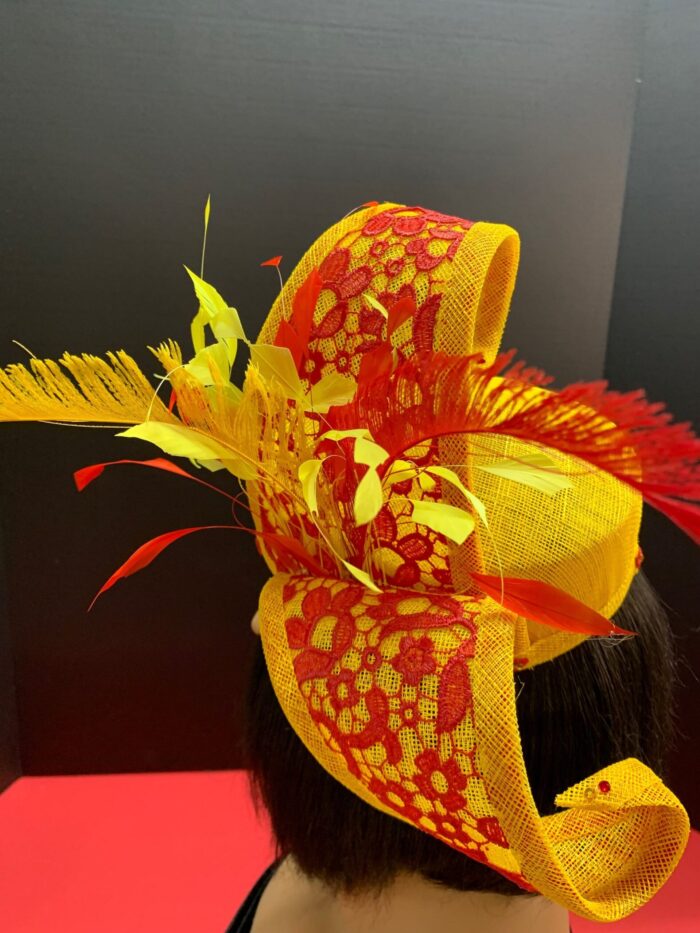 Ayanda - Yellow & Red Pillbox Hat: Kentucky Derby Royal Ascot Fascinator