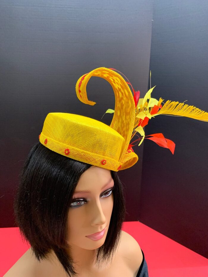 Ayanda - Yellow & Red Pillbox Hat: Kentucky Derby Royal Ascot Fascinator