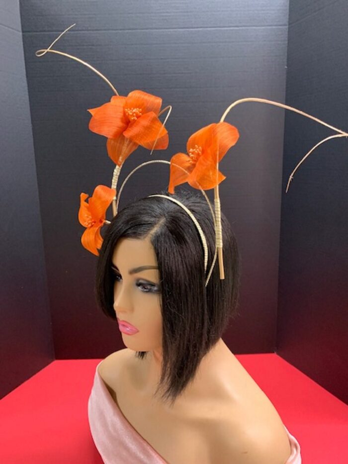 Lorraine - Orange Abaca Silk Fascinator: Kentucky Derby Headpiece