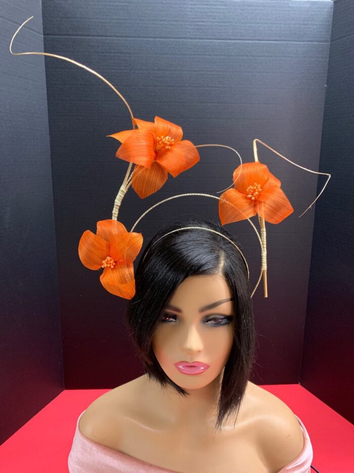 Lorraine - Orange Abaca Silk Fascinator: Kentucky Derby Headpiece