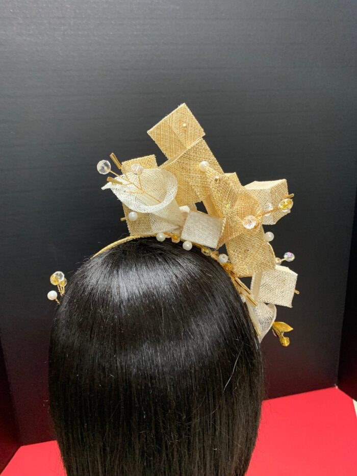 Ariyike - Gold Fascinator with Pearls & Crystal Sprays. Handmade Church Wedding Headpiece.