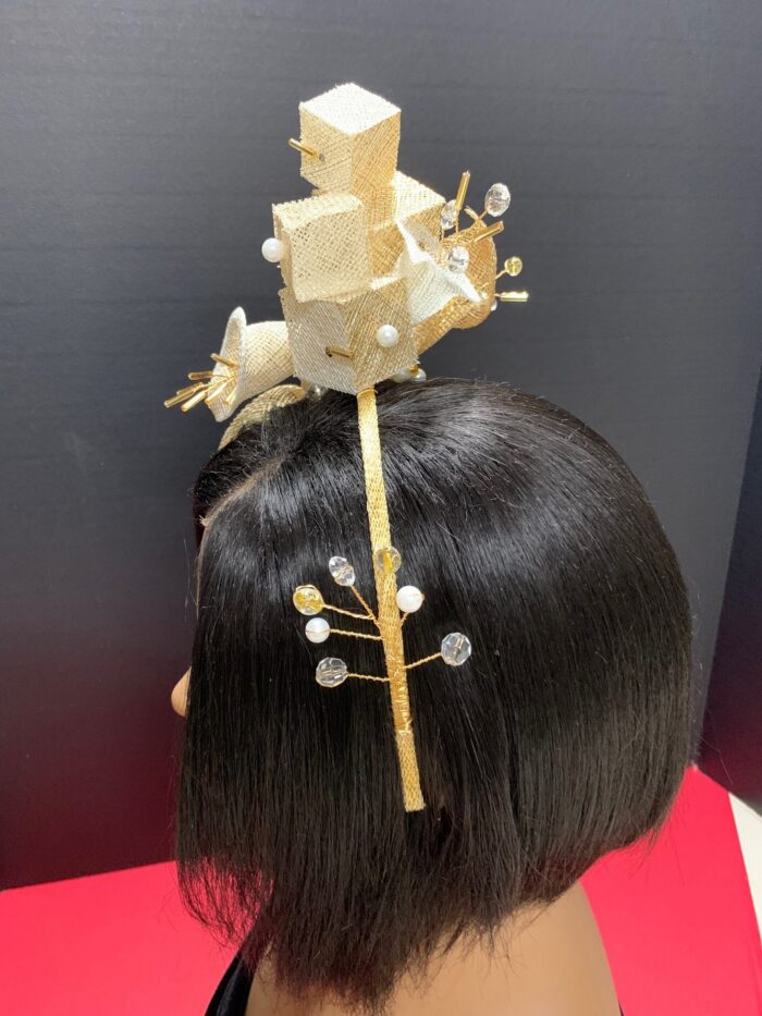 Ariyike - Gold Fascinator with Pearls & Crystal Sprays. Handmade Church Wedding Headpiece.