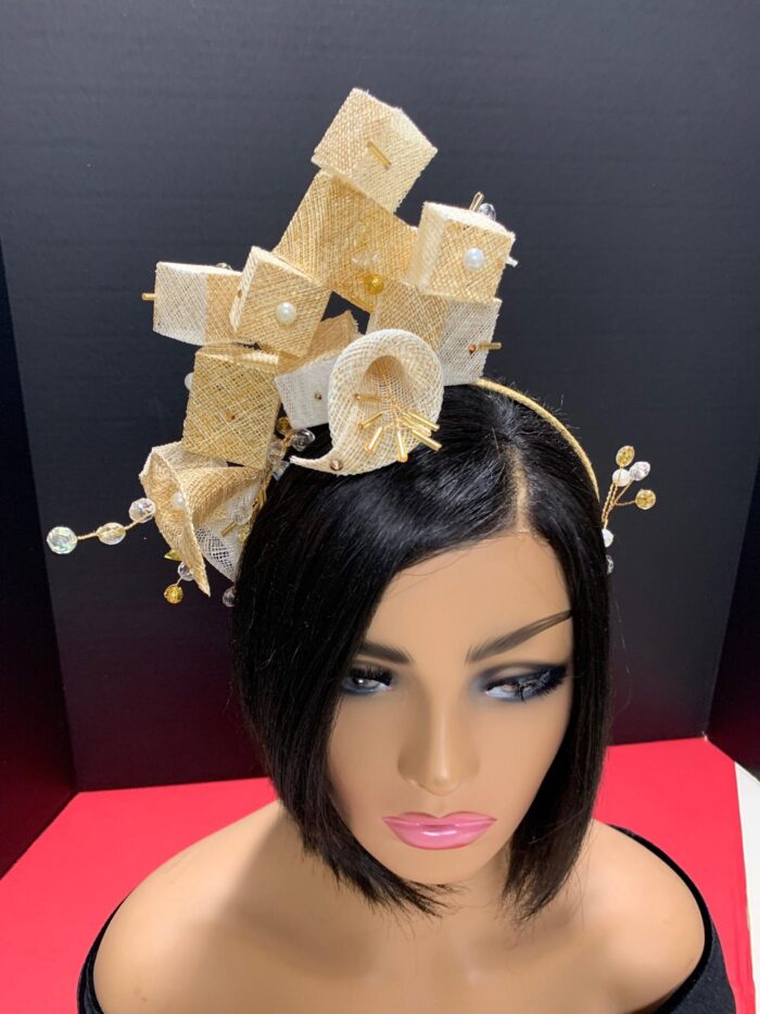 Ariyike - Gold Fascinator with Pearls & Crystal Sprays. Handmade Church Wedding Headpiece.